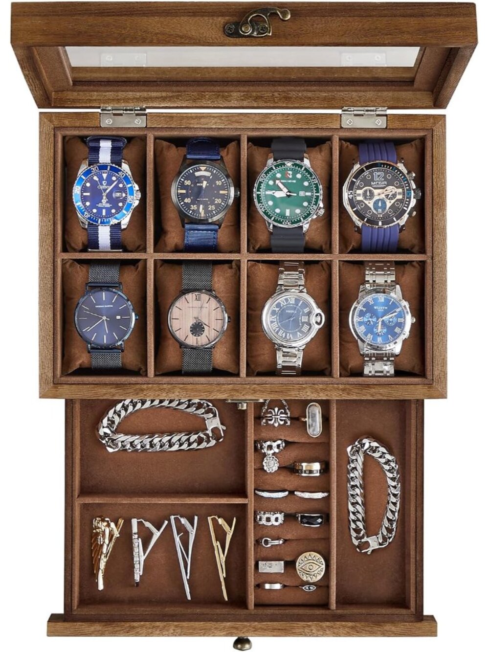 8-Slot Wooden Watch Box, Display Case with Large Glass Lid